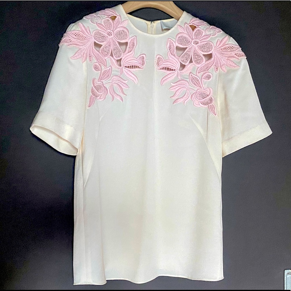 3.1 Phillip Lim Oversized Blouse Top, Pink Lace Detail, Cream White, Size 0